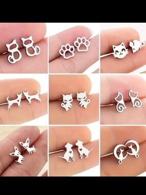 1 Random Pair of Dog or Cat Stainless Steel Stud Earrings - NIP